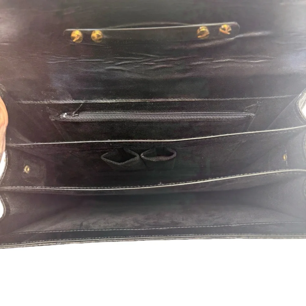 Vintage Black‎ Lizard Embossed Leather Top Handle Strap Purse Bag Gold Hardware